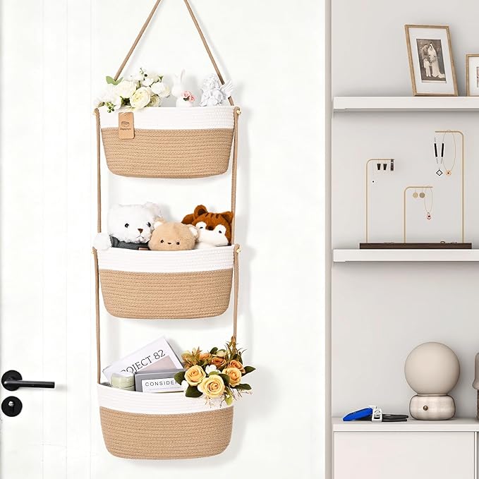 Hanging Basket, 3-Tier Wall Baskets, Over the Door Organizer with 4 Hooks, Hanging Baskets for Organizing, Woven Storage Basket Behind the Door for Nursery, Bedroom, Living Room, Kitchen