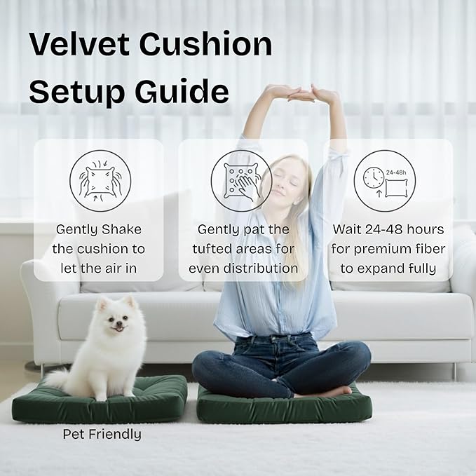 Floor Pillow for Sitting, Large Velvet Floor Seating Cushion for Adults, Tufted Big Pillow for Meditation, Yoga & Living Room, Machine Washable, 22x22 Inch, Green