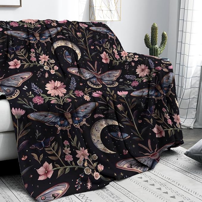 Moon Moth Throw Blanket 50"x60" Soft Cozy Lightweight Flannel,Mystical Night Garden Botanical Celestial Blankets Gifts for Women Gothic Witchy Blanekts for Couch Office Travel Home Decor