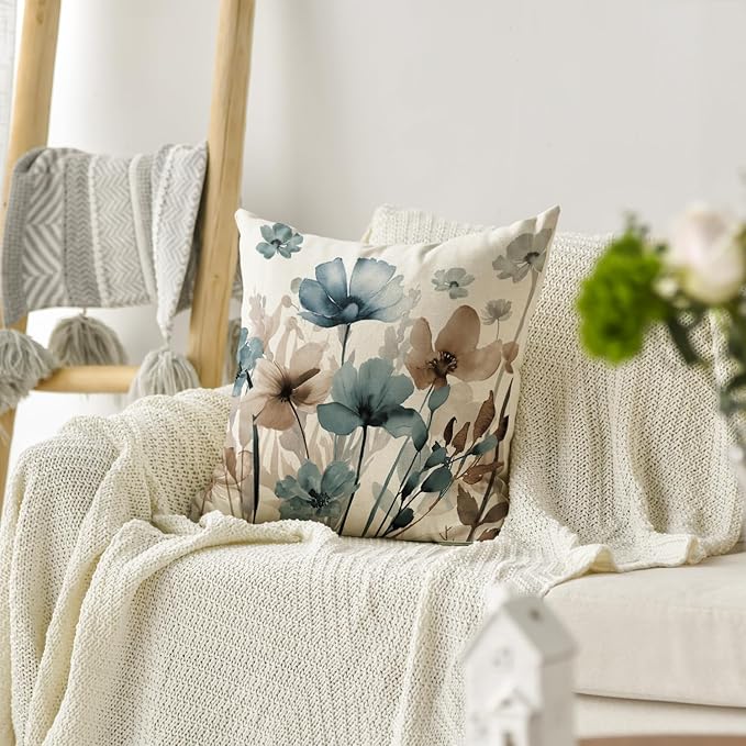 AVOIN colorlife Poppy Flowers Chinoiserie Spring Throw Pillow Cover, 18 x 18 Inch Blue Brown Seasonal Leaves Cushion Case Decoration for Sofa Couch Farmhouse