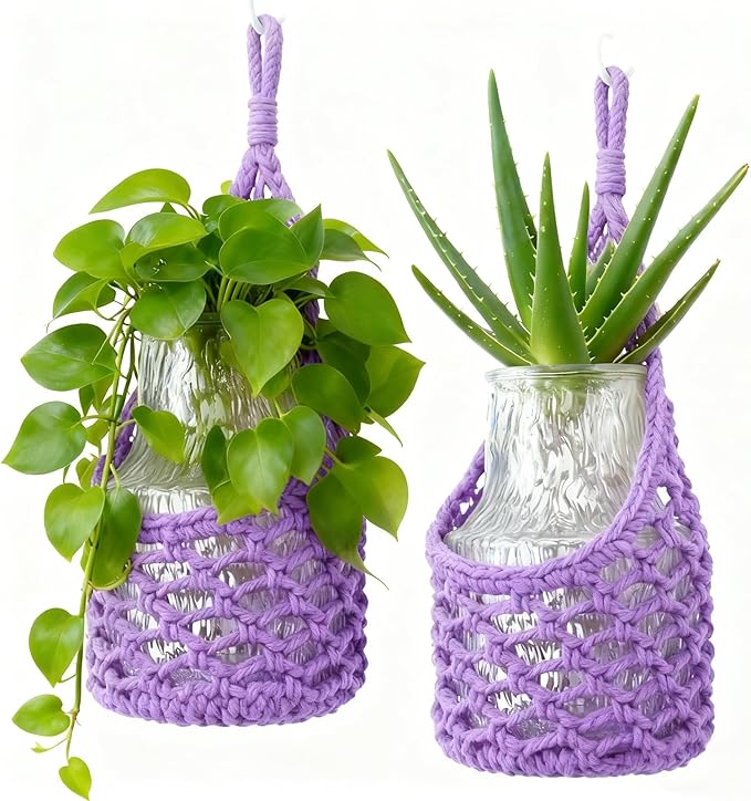 Macrame Wall Plant Hanger, Hanging Planter Basket Holder, Wall Planters for Indoor Plants, for Up to 6 Inch Pot (Purple, 6-Inch)