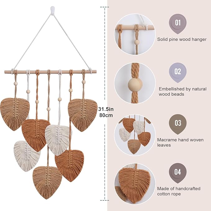 EaseMyKit Wall Hanging Decor Leaves Tapestry, Boho Wall Decor Woven Feather Handmade Yarn Tassels Leaf Macrame Wall Art Decorations for Living,Bedroom,Office,Nursery,Apartment Room,16x22 Inch(Brown)