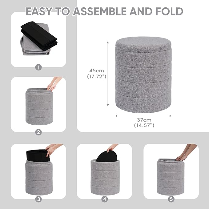 PINPLUS Round Storage Ottoman Foot Rest Stool with Tray Velvet Sherpa Folding Storage Ottoman,Boucle Foot Rest for Living Room, Bedroom, Dorm（Grey）
