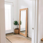 Rattan Full Length Mirror,14"x48" Long Rattan Wall Mirror,Wooden Mirror with Wicker Frame,Decorative Full Body Mirror Hanging,Farmhouse Rectangle Floor Mirror for Bathroom Living Dressing Room Nature