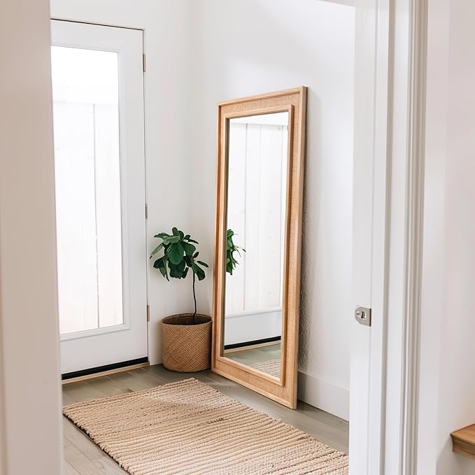 Rattan Full Length Mirror,14"x48" Long Rattan Wall Mirror,Wooden Mirror with Wicker Frame,Decorative Full Body Mirror Hanging,Farmhouse Rectangle Floor Mirror for Bathroom Living Dressing Room Nature
