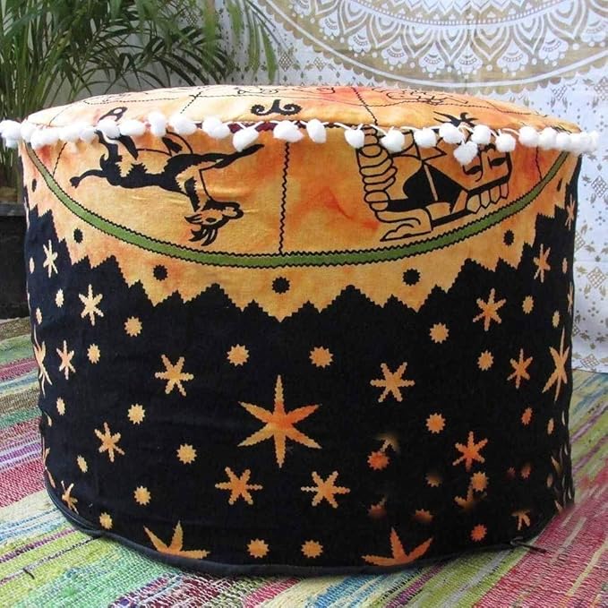 Zodiac Astrology Mandala Large Ottoman Floor Cushions Cover Decorative Throw Pillow Cases Round Ottoman Cover Siting Footstool Bohemian Kids Bean Bag Case