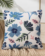 Embroidered Floral Boho Throw Pillow Cover 18x18 Inch - Decorative Cotton Pillow Case for Couch, Sofa, Bedroom, Living Room - Farmhouse Home Aesthetic Housewarming Gifts (Blue Serenity, 18" x 18")