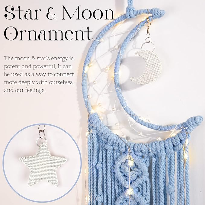 Macrame Moon Dream Catcher for Girl, Blue Boho Crescent Dreamcatcher for Bedroom Adult, Handmade Nursery Room Wall Hanging with Star Pendant for Teen Boy, Bohemian Home Decoration Idea