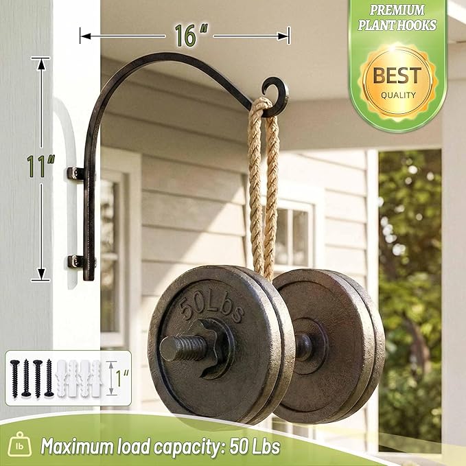 Heavy Duty Hanging Plant Bracket: 50lbs Weight Capacity - Black Metal Plant Hangers for Outside, 16 Inch Outdoor Wall Hooks for Large Bird Feeder, Lanterns, Wind Chimes, Flower Baskets