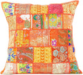 Eyes of India Decorative Patchwork Boho Throw Pillow Cover, Colorful Bohemian Cushion Case for Sofa Couch, Handmade Accent Bedroom Living Room (Orange, 16" x 16")