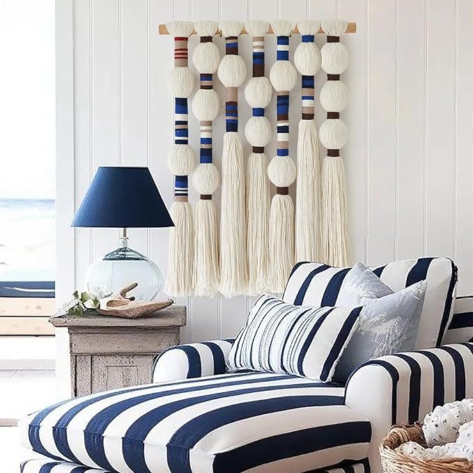 Flber Macrame Wall Hanging Woven Blue Handmade Cotton Yarn with Ball-shaped Tassels Geometric Boho Wall Decor for Bedroom & Living Room 15.7" Wx 21.6" L