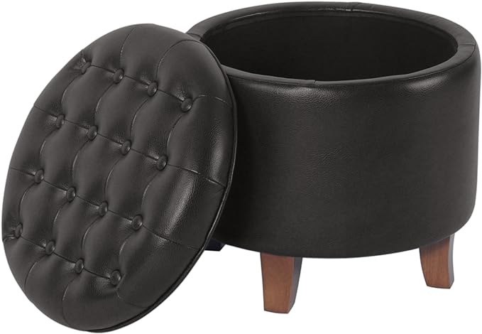 Homepop Home Decor | Upholstered Round Faux Leather Tufted Foot Rest Ottoman | Ottoman with Storage for Living Room & Bedroom | Decorative Home Furniture, Black Faux Leather