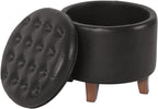 Homepop Home Decor | Upholstered Round Faux Leather Tufted Foot Rest Ottoman | Ottoman with Storage for Living Room & Bedroom | Decorative Home Furniture, Black Faux Leather