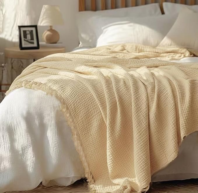 KyraHome 100% Organic Cotton Muslin Throw Blankets for Adults, Pre-Washed Plant Dyed, Women, Couch, Toddler, Lightweight Soft Gauze Blanket for Couch, All Season, Creamy