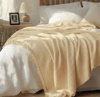 KyraHome 100% Organic Cotton Throw Blanket, 90"x90" Queen Muslin Blankets for Adults, Couch, Pre-Washed Breathable Lightweight Blanket, Coverlet, All Season (Shortbread/Creamy)