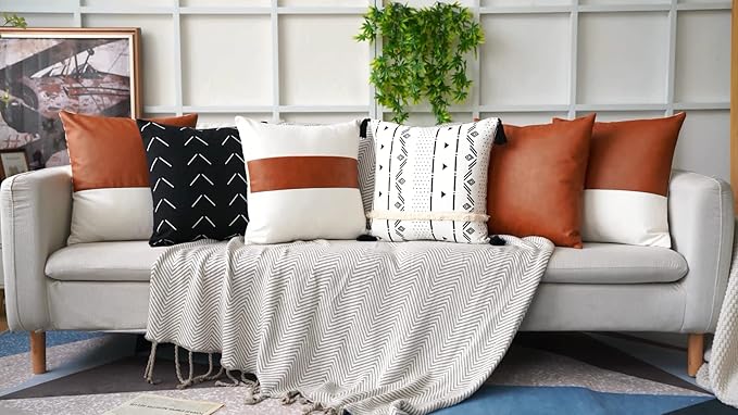 Tosewever Faux Leather Throw Pillow Covers, 18 x 18 inch Set of 2 Luxury Cognac Brown Modern Pillowcases Solid Decorative Square Cushion Cases for Bedroom Living Room Couch Bed Sofa (Brown, 18" x 18")