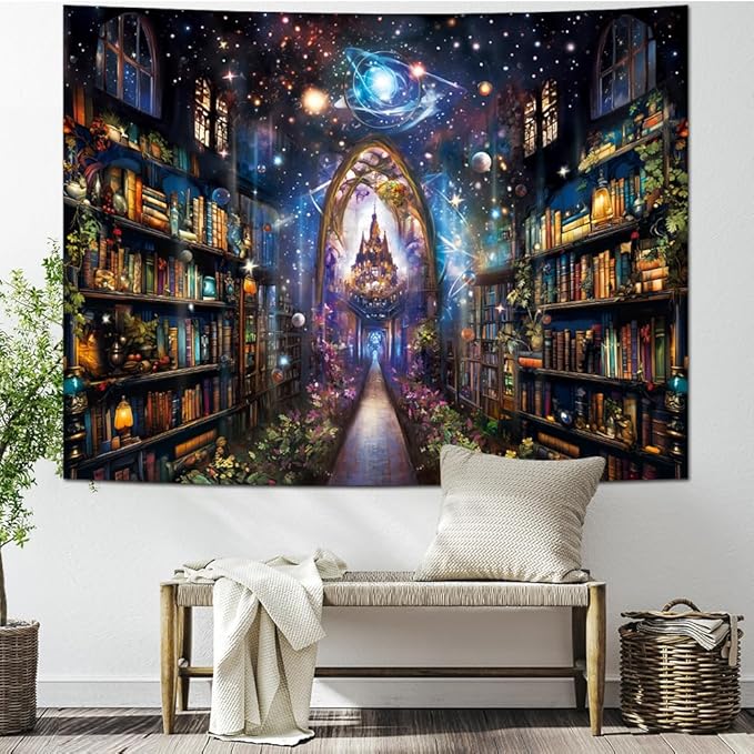Heynvioo Mysterious Bookshelf Tapestry Galaxy Space Library Tapestry Fantasy Landscape Vintage Aesthetic Tapestries Book Decoration Wall Hanging Decor for Bedroom Home