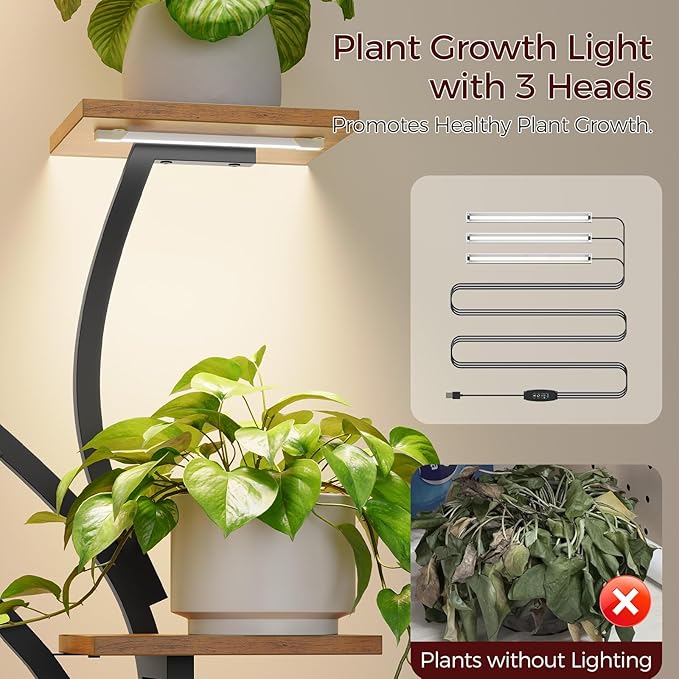 Plant Stand Indoor with Grow Lights - 60" Tall Plant Shelf, Indoor Plant Lighting Stands, 8 Tiered Flower Holder, S-Shaped Decorative Rack for Living Room, Rustic Brown and Black PSHR170E01