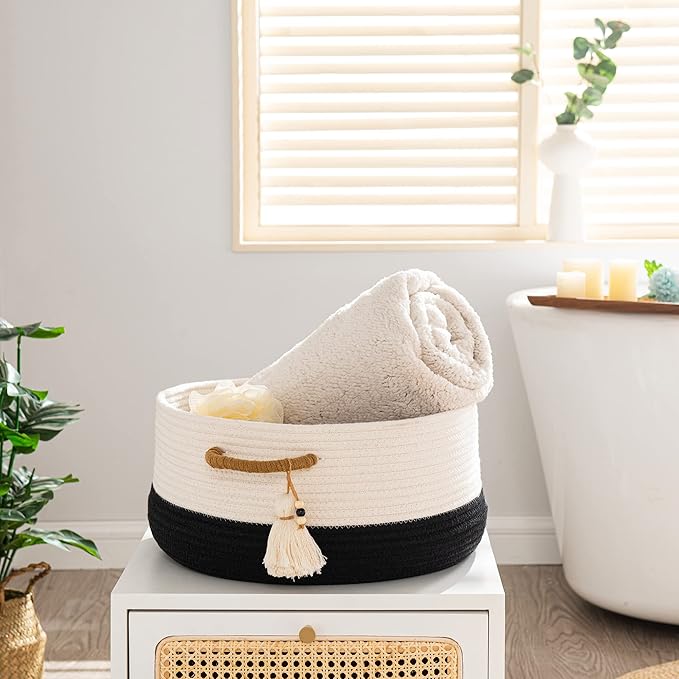 KAKAMAY Woven Baskets for Storage(16"x8"),Blanket Basket for Organizing Living Room,Cotton Rope Basket Woven Baby Laundry Hamper,Collapsible Laundry Room Organization,Clothes,Toy Chest(Black)