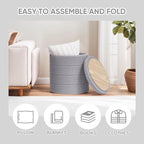 PINPLUS Round Storage Ottoman Foot Rest Stool with Tray Velvet Sherpa Folding Storage Ottoman,Boucle Foot Rest for Living Room, Bedroom, Dorm, Dorm,Grey Color