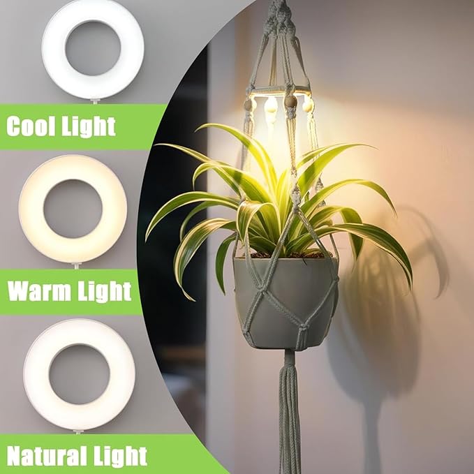 Grow Lights for Indoor Plants: Replacement Grow Light for Macrame Plant Hanger Full Spectrum Plant Light, with 3/9/12H Auto Timer Switch, 3 Colors,10 Dimming（Daylight Spectrum）