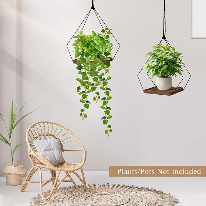 FIOBEE Hanging Planters for Indoor Plants Large Metal Plant Hanger Stand with Wood Base Wall Planter Holder for Window Wall Ceiling Home Decor Accessories (Plants/Pots Not Included), 1 Pack