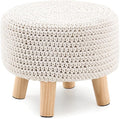 Boho Ottoman Foot Stool Cotton Knitted Round Pouf Ottoman Foot Rest Stool with Non-Skid Wooden Legs Step Stool Padded Seat for Living Room White