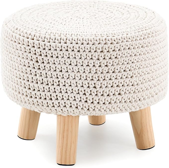 Boho Ottoman Foot Stool Cotton Knitted Round Pouf Ottoman Foot Rest Stool with Non-Skid Wooden Legs Step Stool Padded Seat for Living Room White