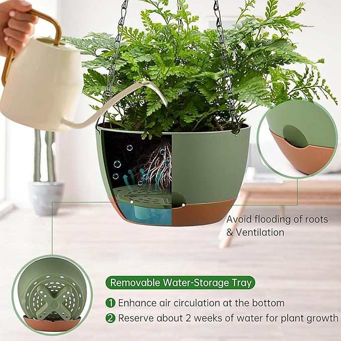 Set of 2 Hanging Planters for Indoor Outdoor Plants, 8 Inch Self-Watering Hanging Flower Pots with Drainage Hole & Removable Water-Storage Tray (Hooks)