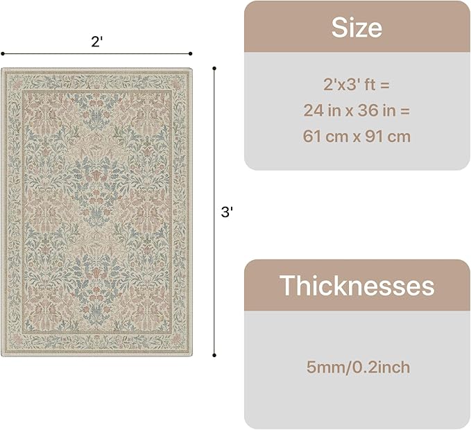 GENIMO 2x3 Washable Small Entryway Rug, Non-Slip Front Door Mat for Kitchen, Bathroom, Laundry, Vintage Boho Floral Thin Indoor Carpet, Beige Pink