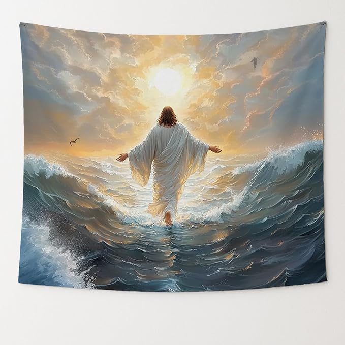 bitCNY Jesus Walking on Water Tapestry 60x50 Inches – Christian Wall Hanging for Living Room Bedroom, Religious Decor, Inspirational Jesus Christ Art for Home