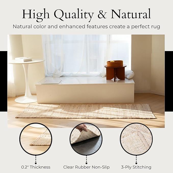 Jute-Cotton Rug 2x6 – Natural Hallway Runner with Non-Slip Backing, Low-Profile Kitchen Rug for Entryway, Boho Decor, or High-Traffic Areas – Eco-Friendly 2x6 Jute Cotton