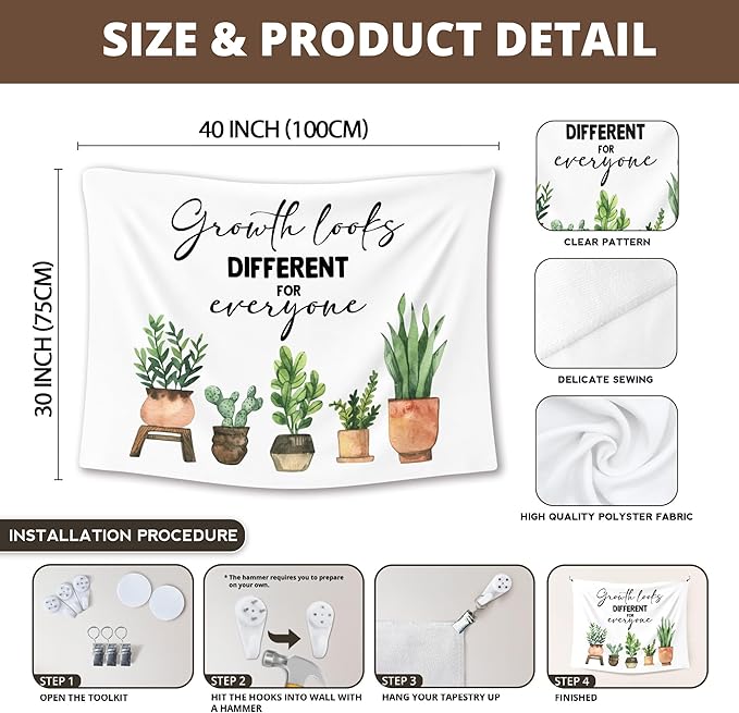 XLDLIOO Mental Health Wall Tapestry, Growth Looks Different for Everyone Inspirational Wall Tapestry Hanging for Classroom, Motivational Tapestries Decor Art for Therapy Counselor Office 40x30in