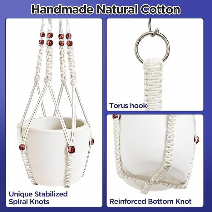 2 Pack Macrame Plant Hanger with Drop Ceiling Hooks, Hanging Planter with Wooden Bead, No Tassels for Indoor Outdoor Boho Office Classroom Decor, 35 Inches (Pots Not Included)