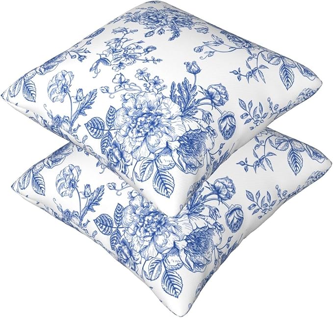 Chinoiserie Blue and White Flowers Pillow Covers 20x20 Set of 2, Vintage Blue Floral Throw Pillow Covers Outdoor Decorative Pillow Case for Couch Bed Sofa Cushion Home Decor