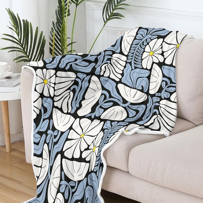 Boho Abstract Colorful Floral Throw Blanket, Vintage Retro Patchwork White Blue Flower Botanical Geometric Aesthetic Groovy Flannel Throw Blanket for Chair Bed Sofa Couch, 60X80IN