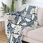 Boho Abstract Colorful Floral Throw Blanket, Vintage Retro Patchwork White Blue Flower Botanical Geometric Aesthetic Groovy Flannel Throw Blanket for Chair Bed Sofa Couch, 60X70IN
