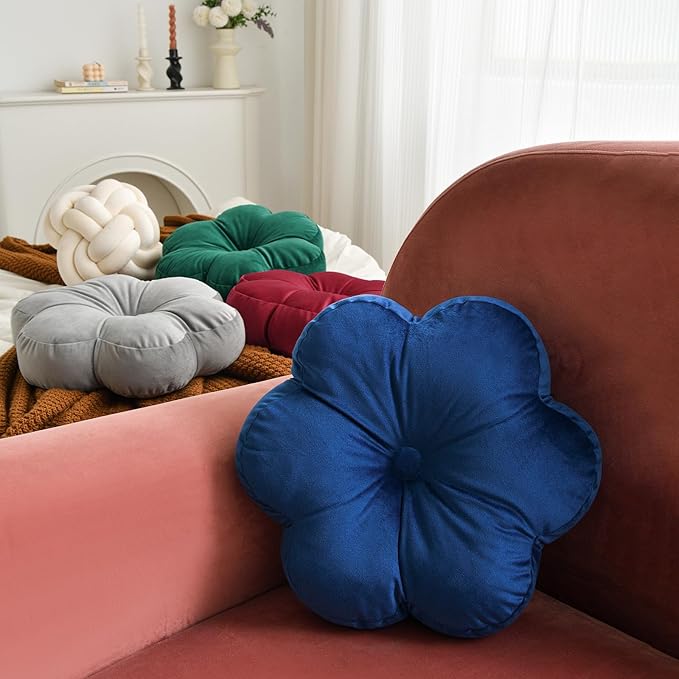 Xuyier Flower Pillow, Flower Shaped Pillow with Velvet for Couch Bed Chair Sofa, Home Decor Floor Seating Cushion Cute Throw Pillows for Living Room Bedroom (15 Inches, Dark Green)
