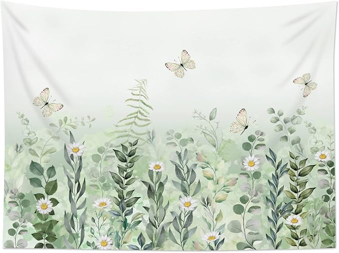 EOBTAIN Sage Green Leaves Tapestry Eucalyptus Leaf Botanical Plant Vintage Daisy Flowers Butterfly Floral Tapestries Simple Cottagecore Aesthetic Tapestry Wall Hanging Living Room Bedroom Dorm 60Wx40H