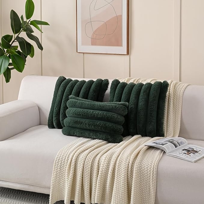 FUTEI Dark Green Decorative Throw Pillow Covers 24x24 Inch Set of 2, Square Soft Faux Rabbit Fur Thick Striped European Cushion Covers,Spring Home Decor for Couch Bed Living Room