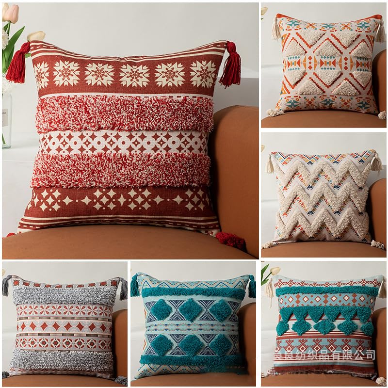 Boho Tufted Decorative Throw Pillow Cover, Cozy Bohemian Cotton Canvas Cushion Cover Tassels Pillow Case Home Decor 17"X 17",03