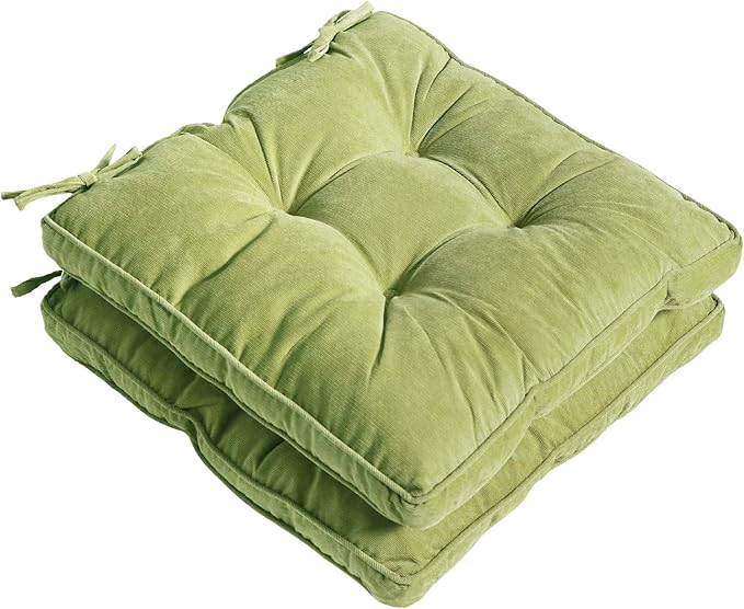 Tiita Chair Pads for Dining Chairs, Seat Cushions with Ties 18x18 Inches, Square Pillows Pad Set of 2 for Kitchen, Green