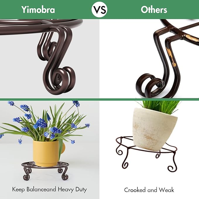 Yimobra 4 Pack Plant Stand for Flower Pot Heavy Duty Potted Holder Indoor Outdoor Metal Rustproof Iron Garden Container Round Supports Rack for Planter (4PC Brown 10.24 x 2.36 IN)