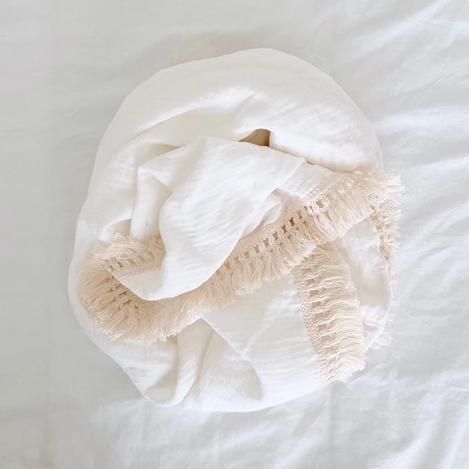 Muslin Cotton Baby Receiving Blanket with Fringe, Boho Bohemian Tassels, Nursery Decor, Boy or Girl Unisex Swaddle Wrap, Use as Throw or Nursing Fringed Blankets (White)