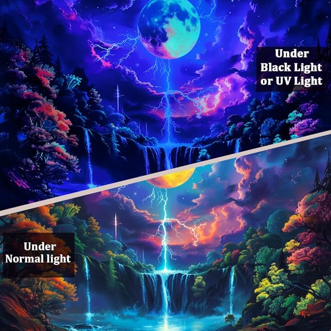 Heopapin Blacklight Tapestry Fantasy Moon Lightning Tapestries UV Reactive Tapestry Magic Waterfall Forest Landscape Tapestries Wall Hanging for Bedroom L78×W59