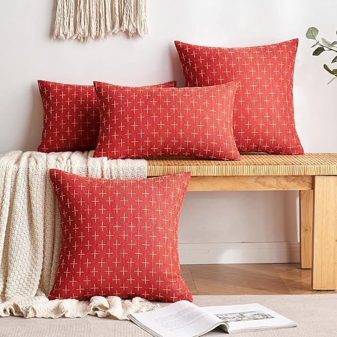 MIULEE Pack of 2 Christmas Decorative Burlap Linen Throw Pillow Covers Modern Farmhouse Pillowcase Rustic Woven Textured Cushion Cover for Sofa Couch Bed 12x20 Inch Christmas Red