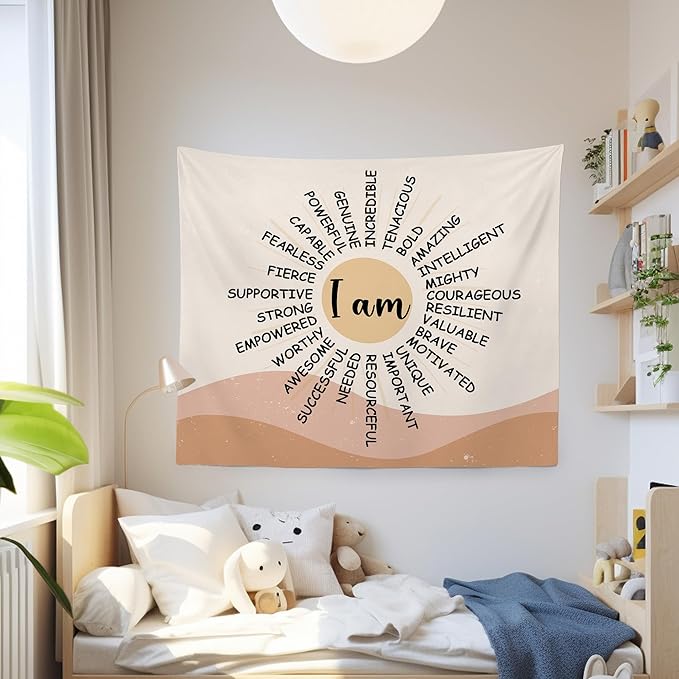 MNOSAIOO Inspirational Boho Sun Wall Tapestry Hanging for Classroom Kids, I Am Brave Important Tapestry, Motivational Mental Health Tapestries Wall Decor for Bedroom Therapy Office Home 60x50 inch