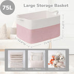 Goodpick Large Woven Blanket Basket 21.6" x 14.9" x 11.8" Storage Baskets for Organizing, Baby Laundry Hamper for Nursery Bedroom, Soft Toy Storage Baskets for Kids Girls, White & Pink