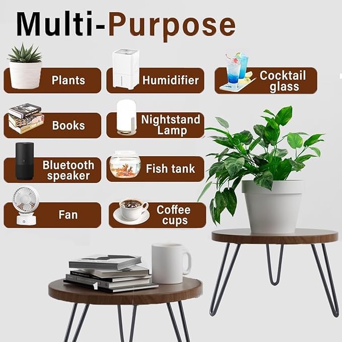 Plant Stand Indoor Outdoor, Wooden plant Stool, Mid Century Plant Stand for Indoor Plants, Wood Modern Plant Holder Rattan Flower, Low Short Boho Rustic Planter Stand Fit 5-15 Inch Pot (Walnut, M)
