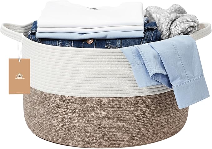 ShellKingdom Laundry Basket, Large Natural Rope Woven Storage Basket with Handles for Home, Living Room, Laundry, Storage Organizer for Blankets, Clothes, Plant, Toys, 13.78 x 21.65 INCH (White Brown)